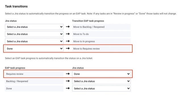Image shows the progress mapping page with jira statuses in one column and the corresponding Level Access Platform task progress in the other column.