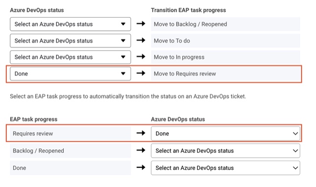Image shows the progress mapping page with a list of Azure DevOps statuses in one column and a list of eAP task progress states in the other column.