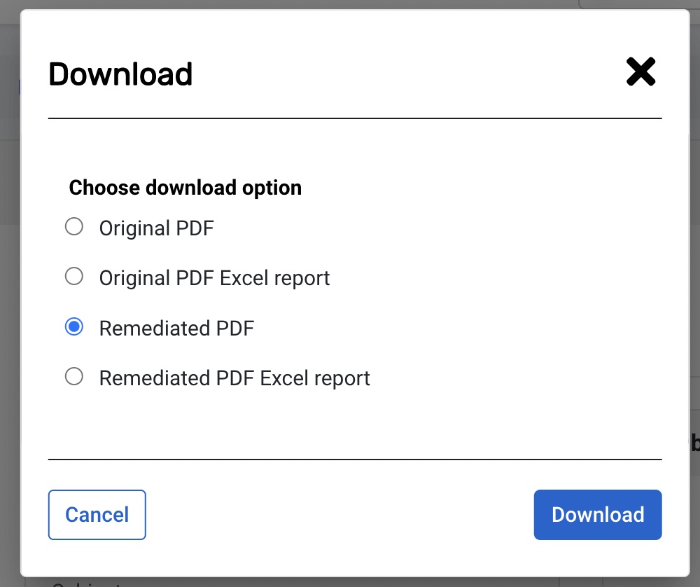 Image shows download popup window with the Remediated PDF radio button selected.