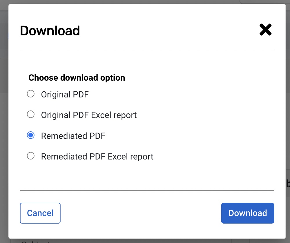 Image shows download popup window with the Remediated PDF radio button selected.