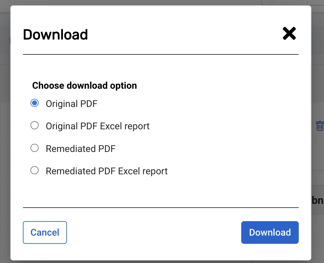 Image shows download popup window with the Original PDF radio button selected.