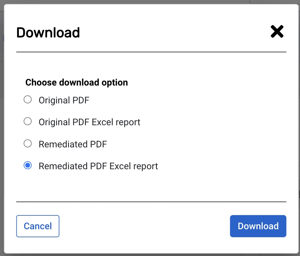 Image shows download popup window with the Remediated PDF Excel report radio button selected.