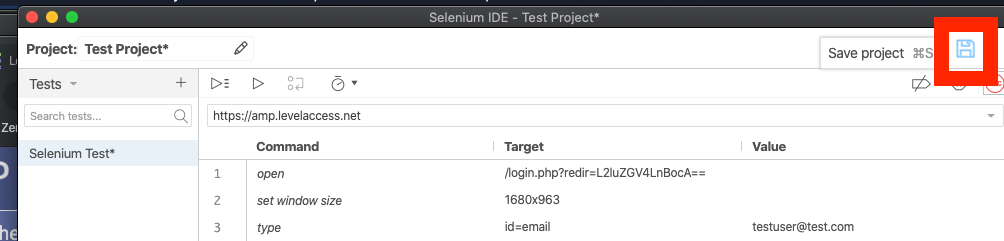 Selenium IDE window, shows the Save button.