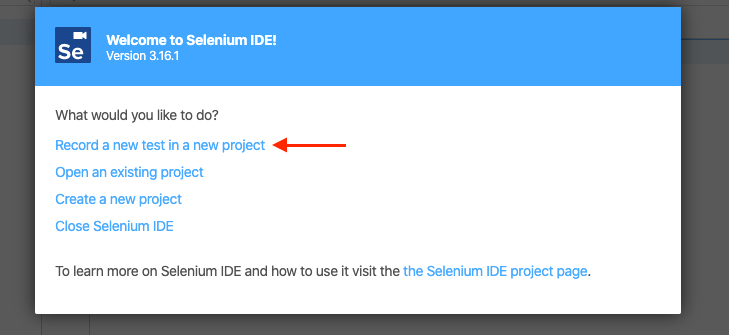 Selenium IDE window, shows the Record a new test in a new project link.