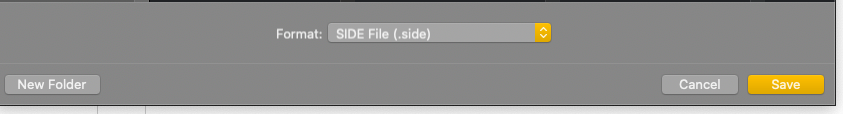 Selenium IDE window, shows the .side file format.