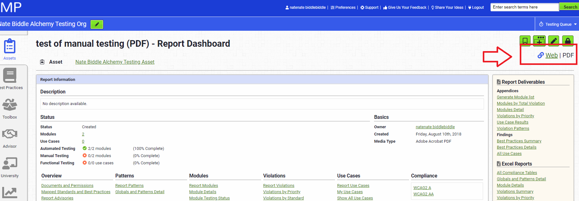 Report dashboard, shows the technology platform toggle.