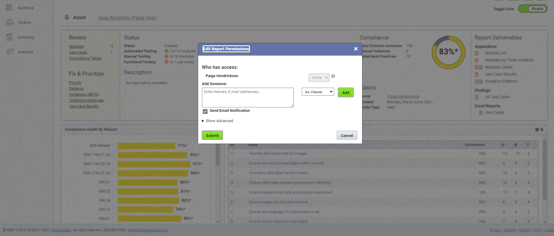 Edit report permissions dialog box.