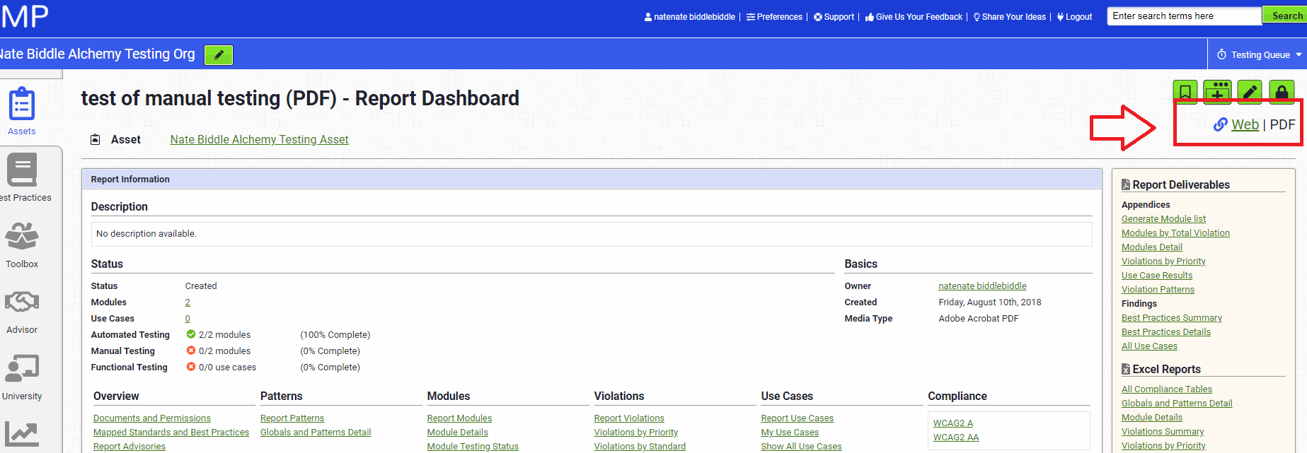 AMP report view, shows the location of the technology platform toggle.