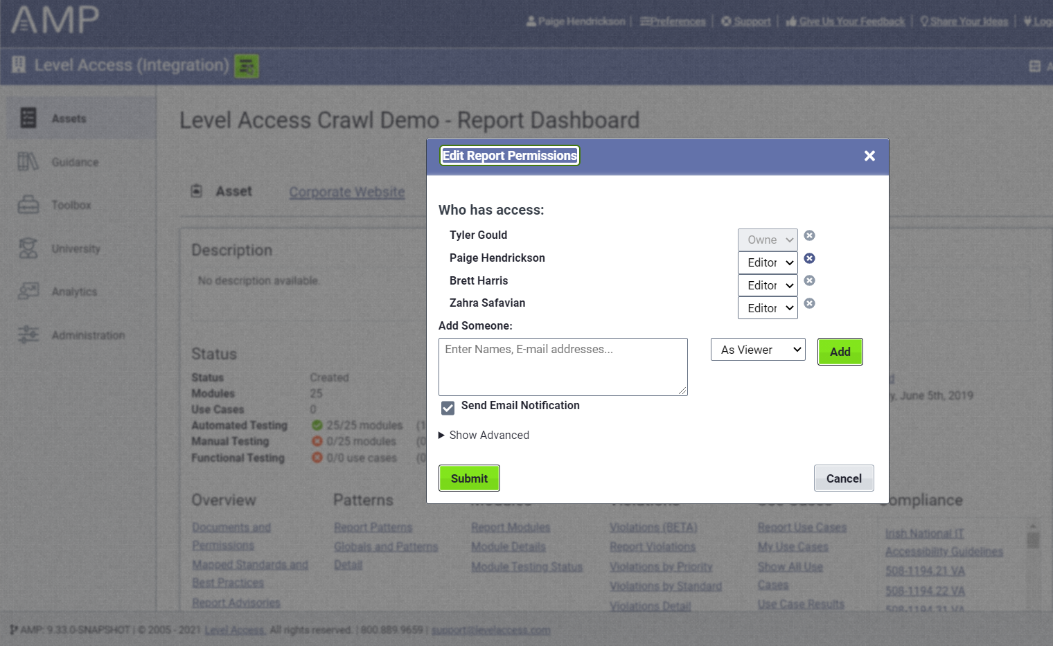 Edit report permissions dialog box.
