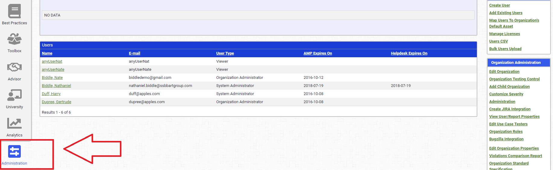 AMP dashboard, shows the location of the Administrator tab.