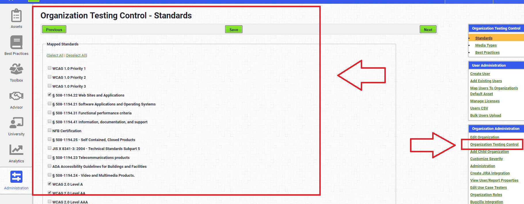 AMP dashboard, shows the organization control options and a link to the access controls.