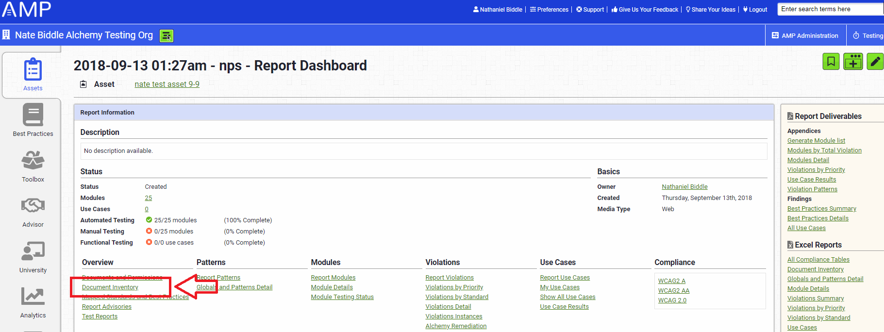 AMP dashboard advanced view, shows the location of Document inventory.