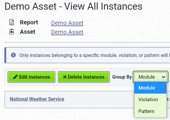 Violation grouping drop-down list.