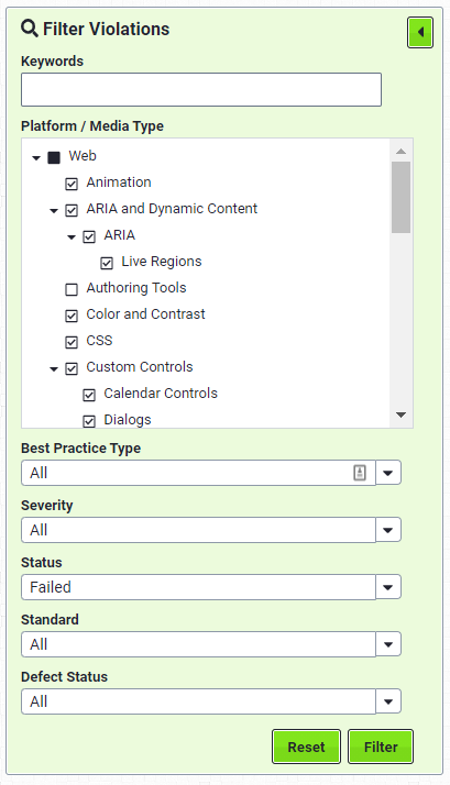 Violations filter options.