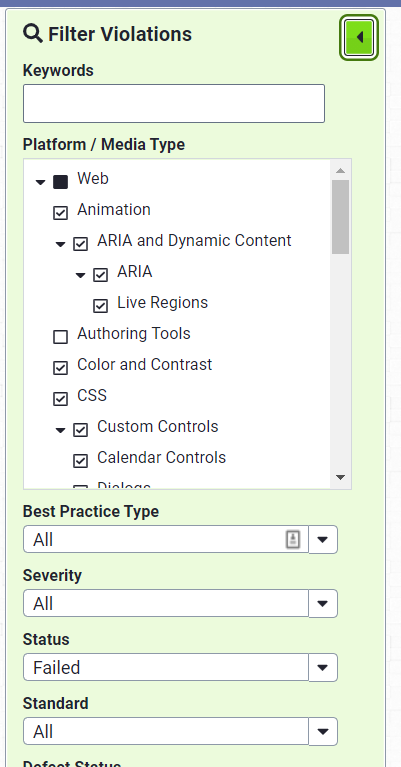 Filter violations modal.