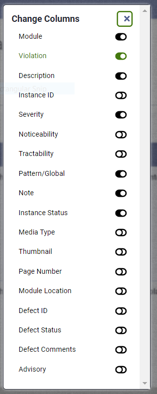 Customize columns modal.