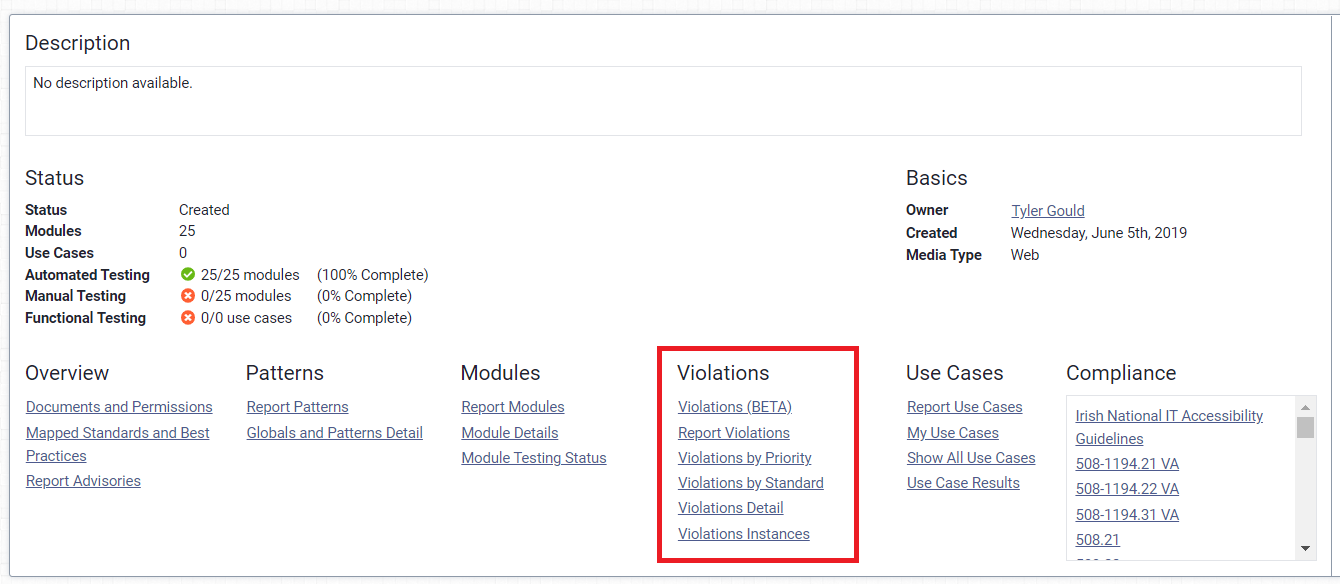 AMP report overview, shows the Violation section.