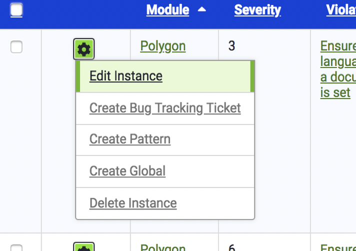 Violations report, shows the Action menu with the Create Bug Tracking ticket option.