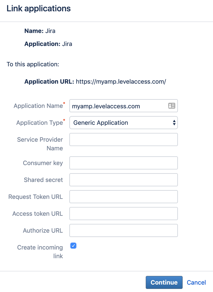 Jira Link applications section, shows create incoming link as selected.