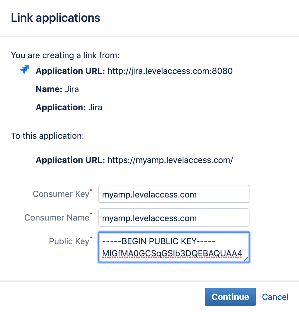 Jira link applications section, shows the fields filled in.
