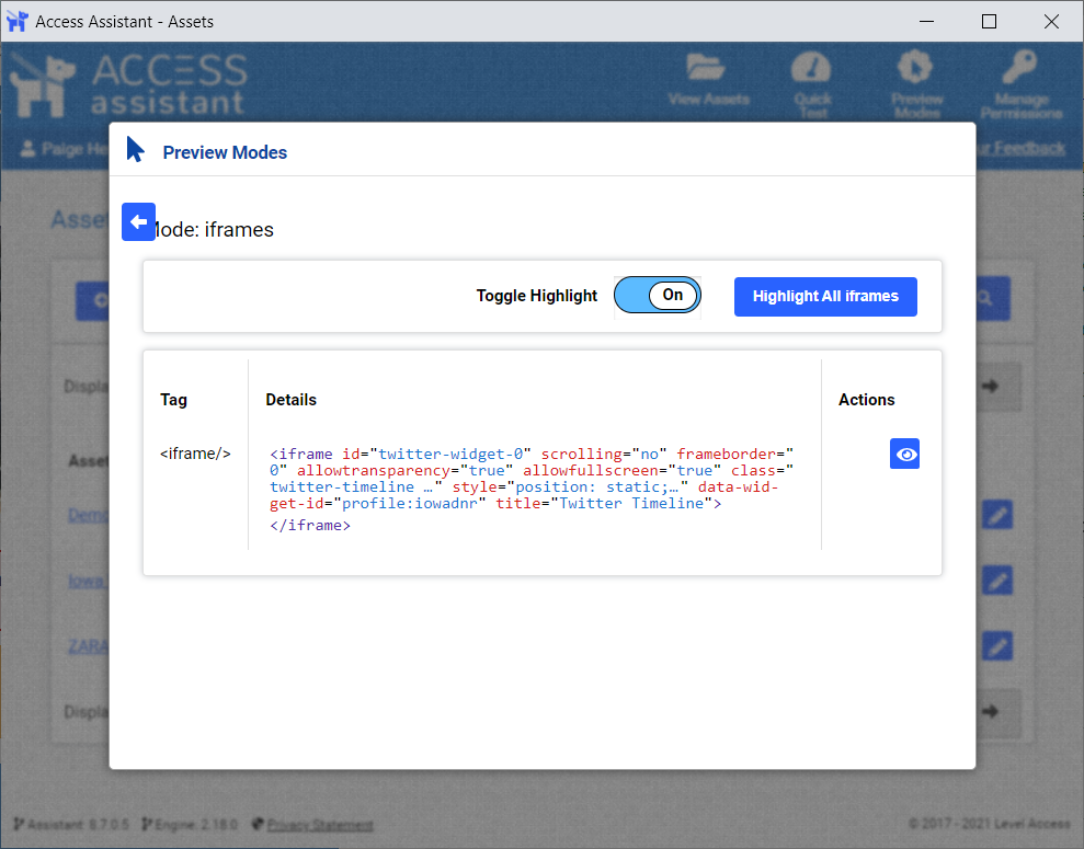 iframe preview mode, shows the highlight toggle on.