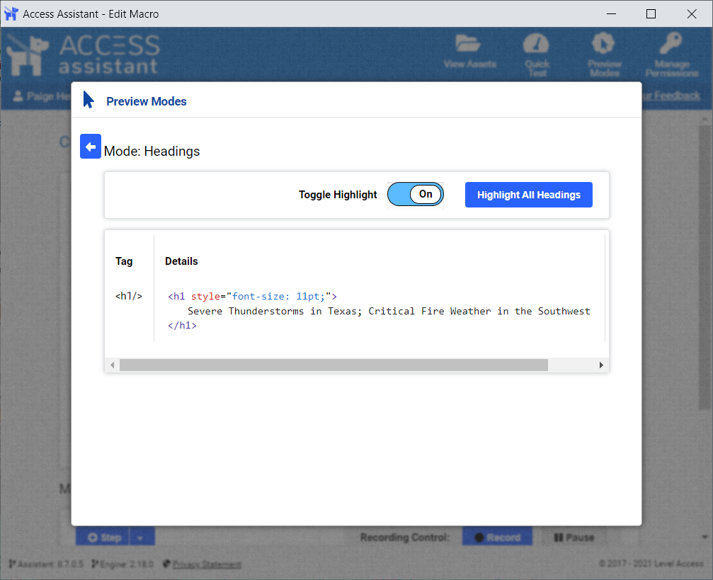 Headings preview mode, shows the toggle set to on.