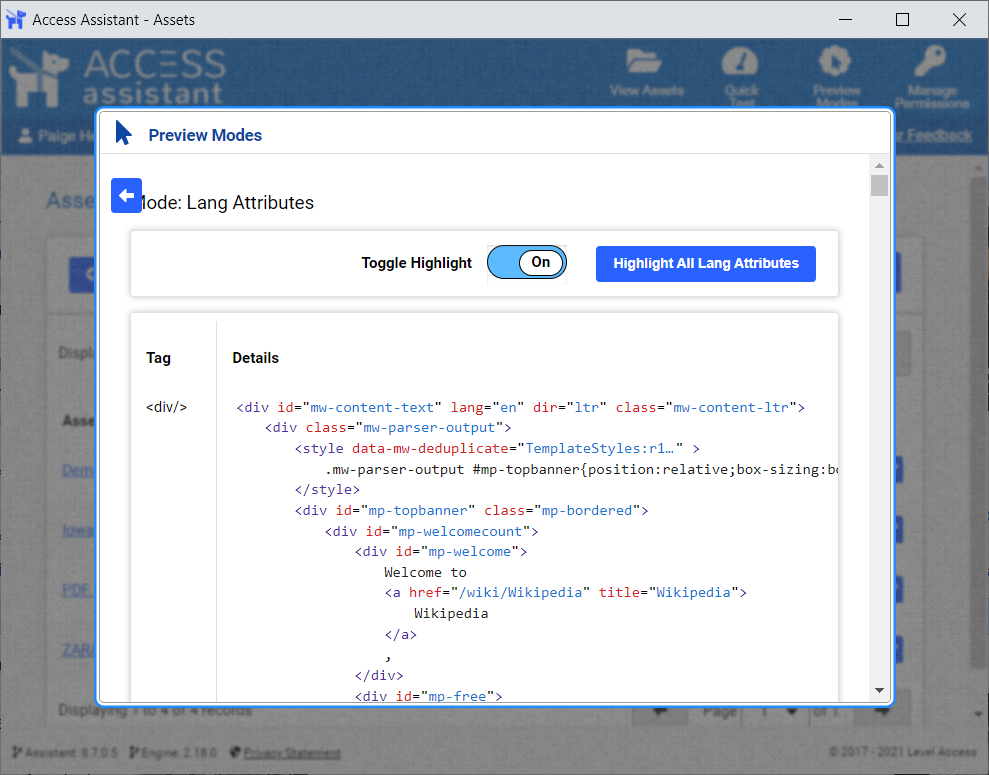 Lang attribute preview mode, shows teh toggle set to on.