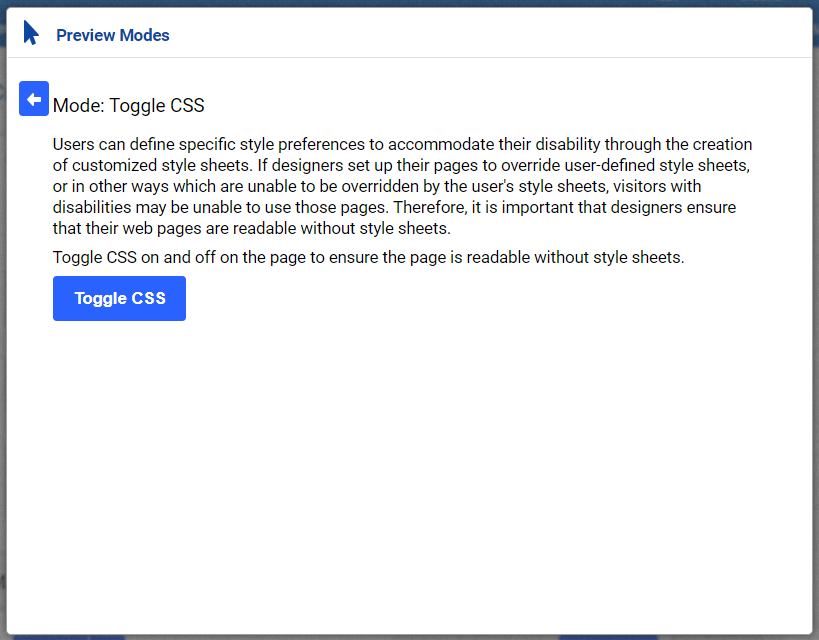 Toggle CSS preview mode, shows the Toggle CSS button.