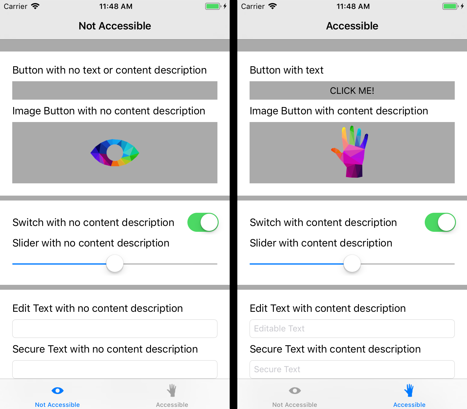 Accessible and Non-Accessible Application Examples for iOS.