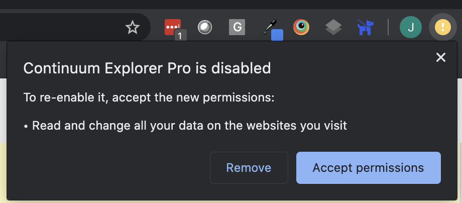 Chrome popup widnow indicating Continuum must be updated with the options to remove or accept permissions.