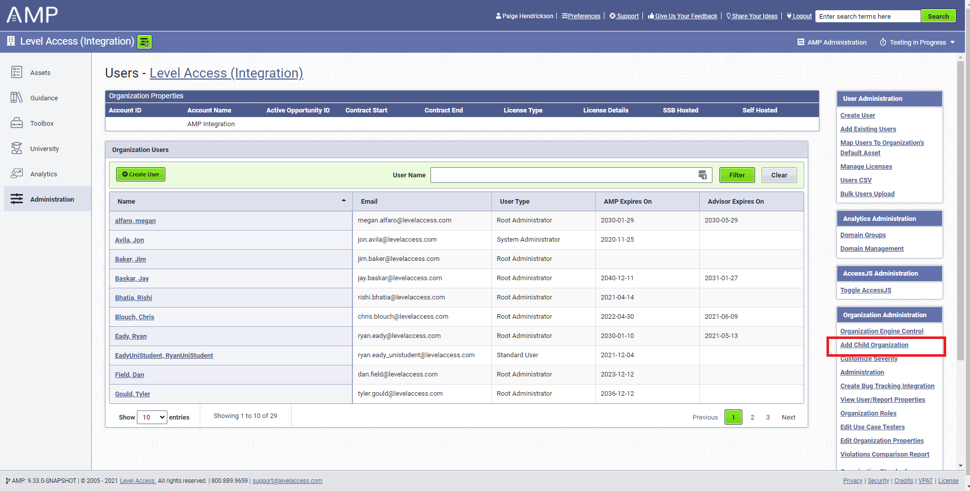 Organization Administration table, shows the Add child organization button.
