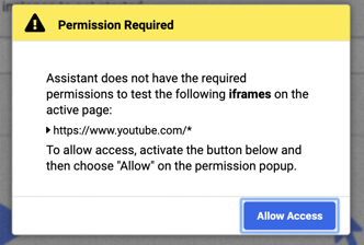 Example of the browser alert requiring a user to allow usage of the all_urls permission.