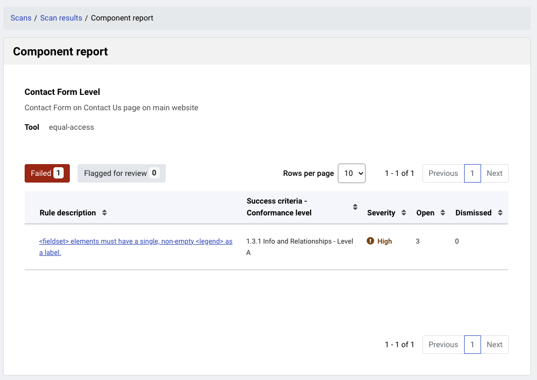 Component report page with the finding listed for that component.