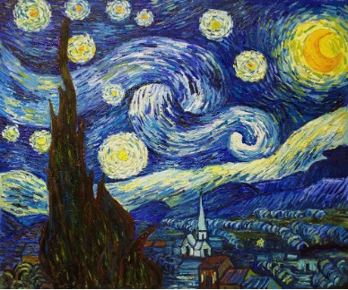 Starry Night by Vincent Van Gogh. A night sky made up of many blues and swirling yellow stars.