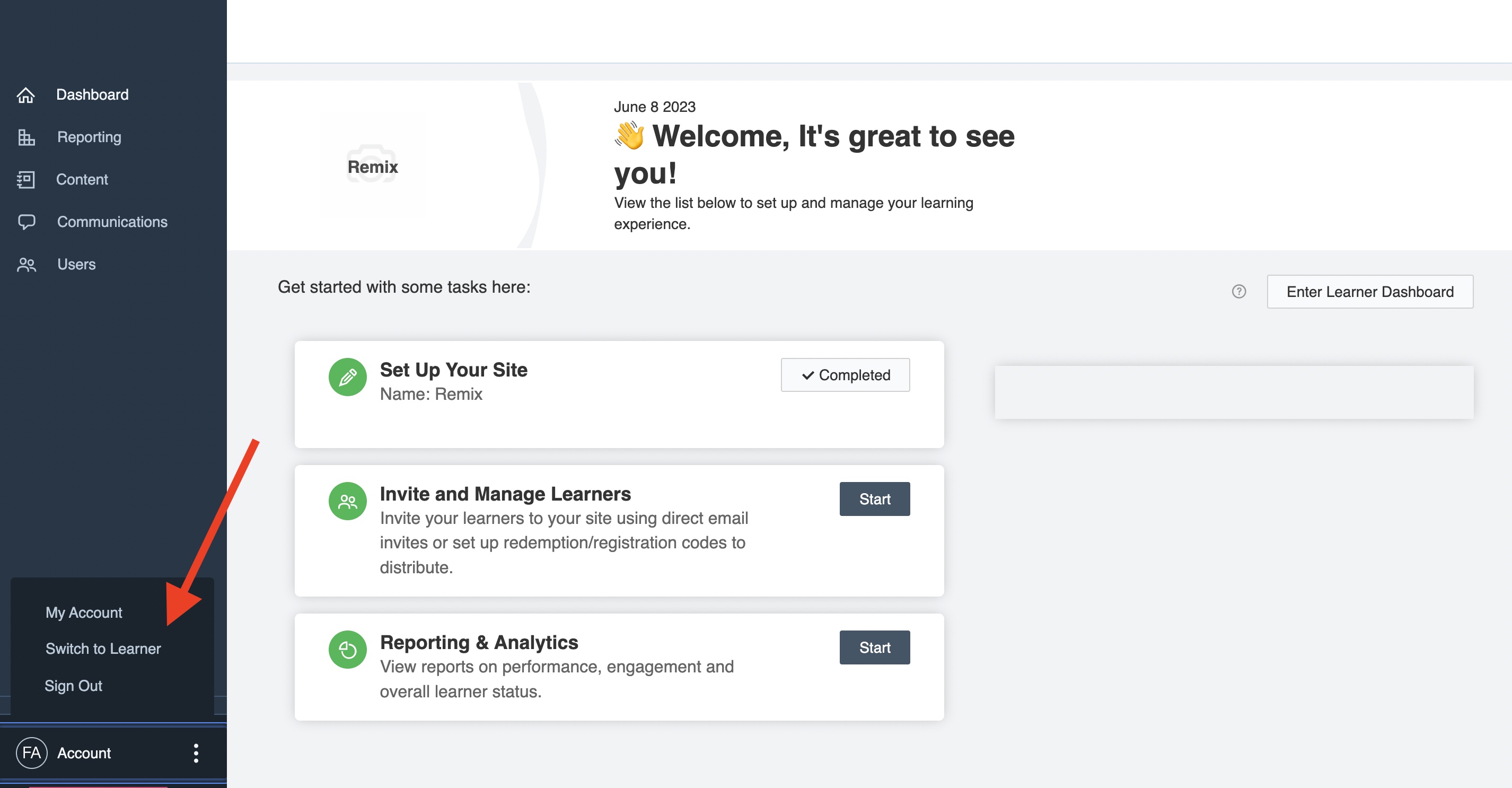 The Thought Industries manager dashboard with an arrow indicating how to Switch to Learner.