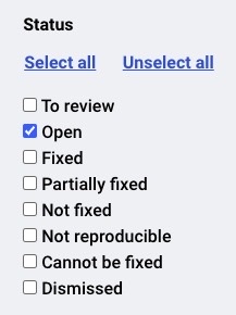Screenshot from the Platform of the checkbox for “Open” selected under the Status filter.