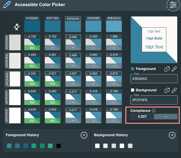 Accessible color picker; shows the location of the compliance value.