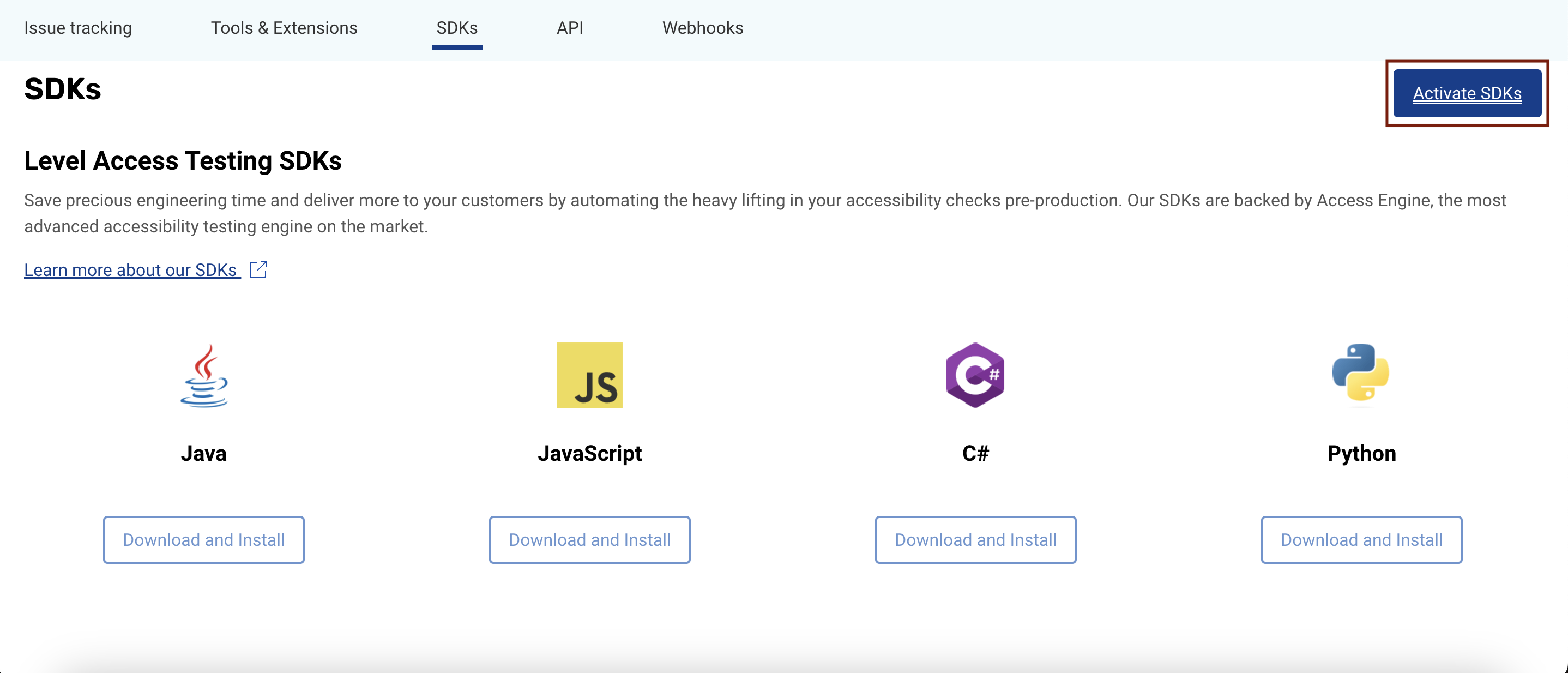 SDKs page in the platform; shows the location of the Activate SDKs button.