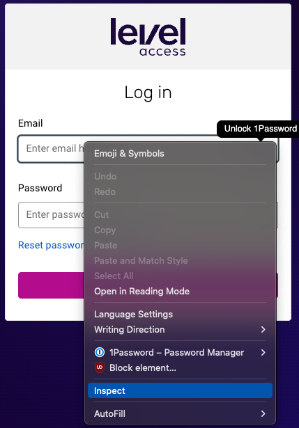 Example of inspecting the username field from the Level Access Platform login page using Chrome.