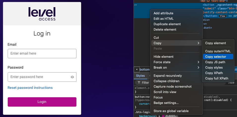 Example of copying the HTML submit button selector from the Level Access Platform login page using Chrome.