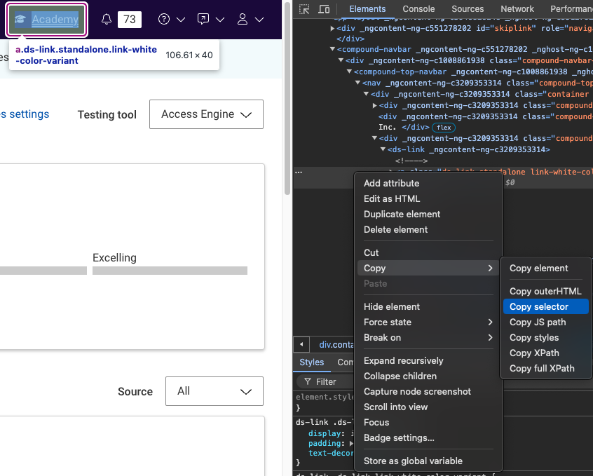Example of copying an HTML success selector from the Level Access Platform using Chrome.