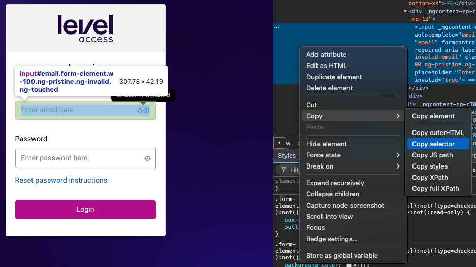 Example of copying a selector from the Level Access Platform log in page using Chrome.