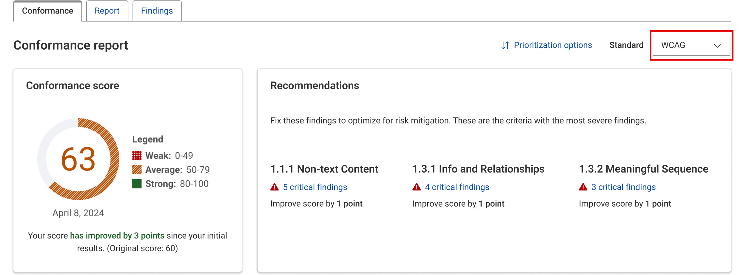 Conformance report page; shows the location of the standard drop-down with WCAG selected.