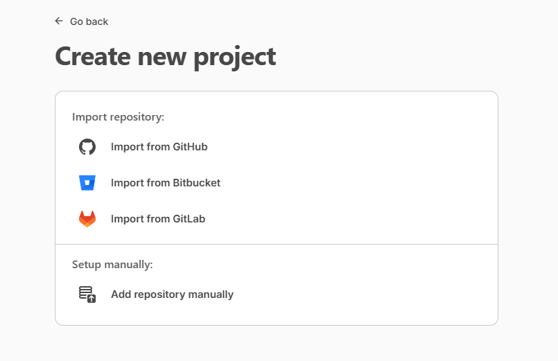 Create project page. Displays a list of the compatible repository sources for a project.