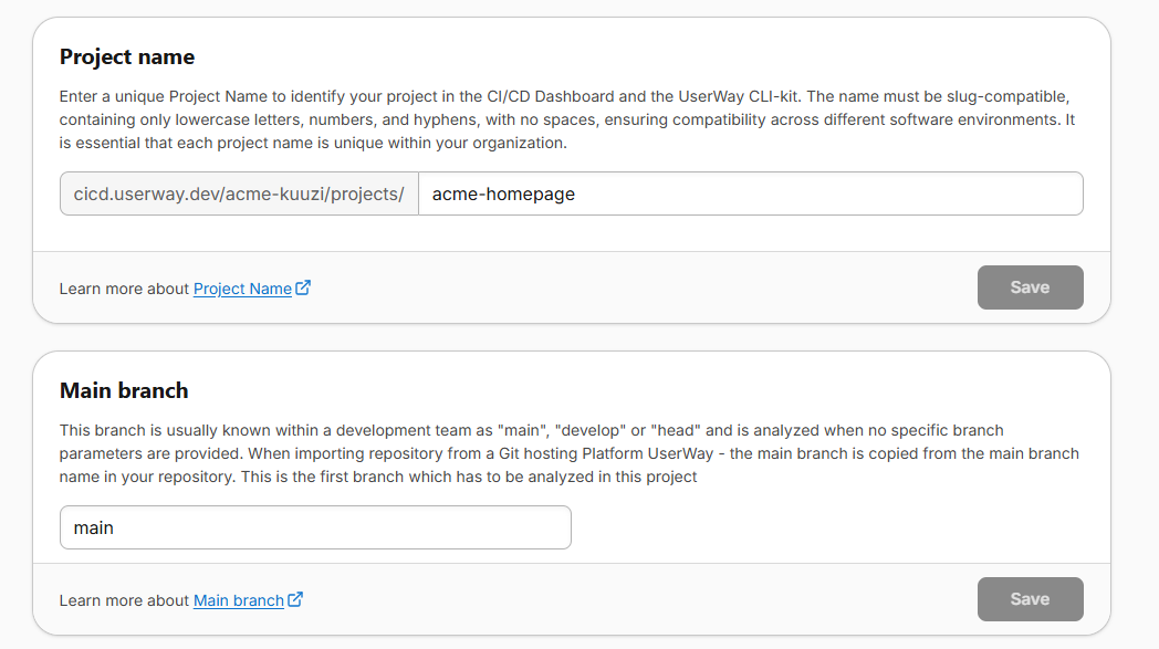 Project settings page. Displays a section for name and main branch name of the project.