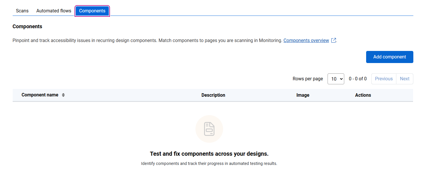 Components page with list of any existing components.