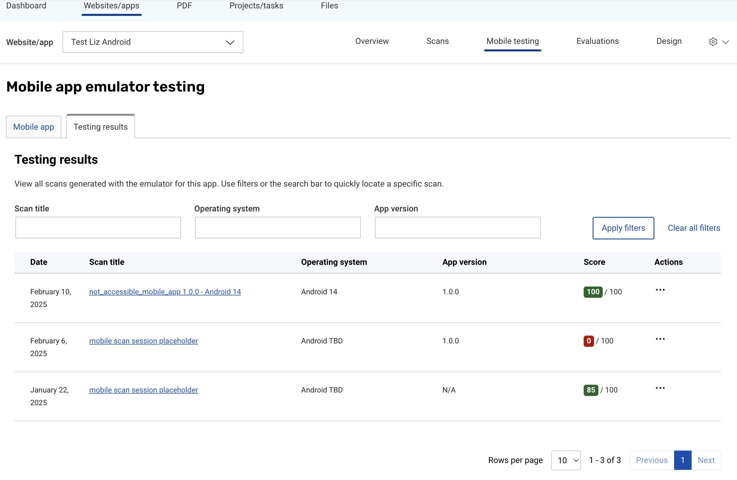 Testing results page. Displays a list of all the scan results found after scanning a mobile application