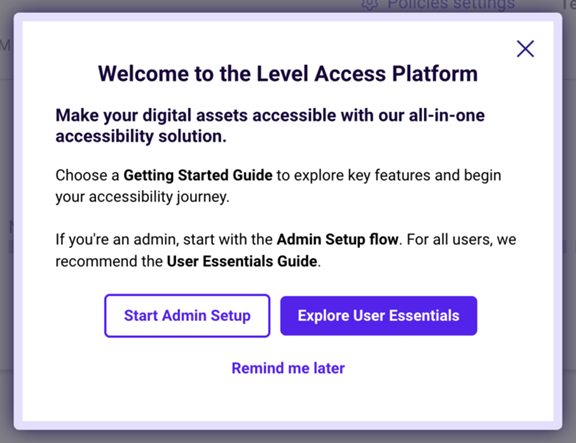 Shows the initial Welcome popup where you can select the guide you want to launch.