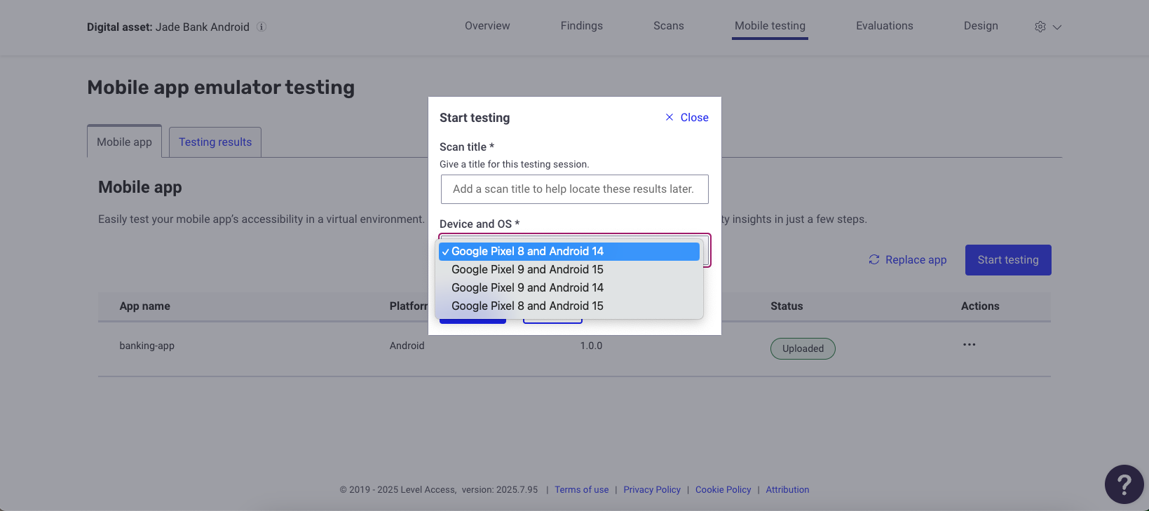 A screenshot displaying the avaialble mobile device and operating systems to choose for app testing
