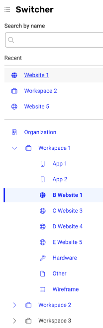 Switcher showing digital asset types and their icons